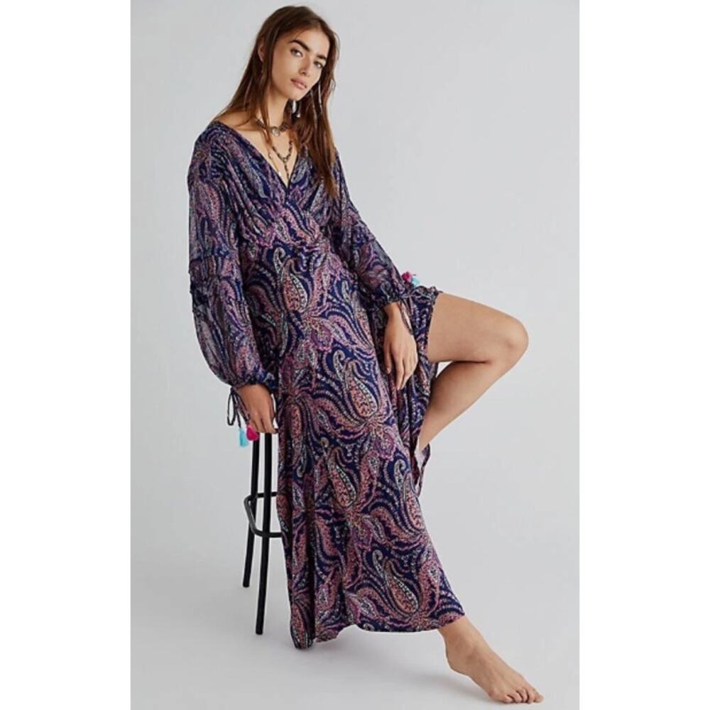 Free People MIRAGE V-Neck Smocked Sleeve Maxi Dress in Sapphire Combo 2 $198